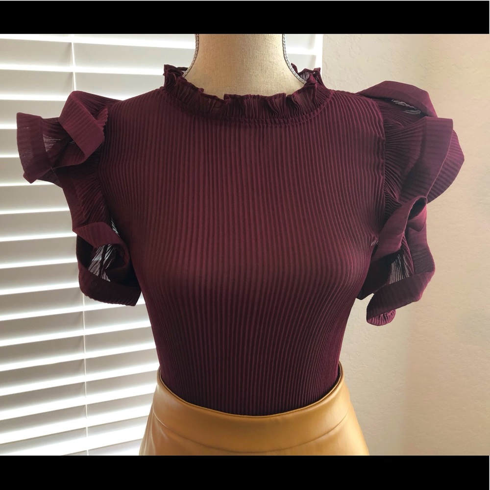Burgundy Ruffle Sleeve Bodysuit (Large)